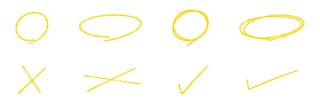 蛍光ペンで描いたような手書きの丸とバツとチェックマークのイラストセット