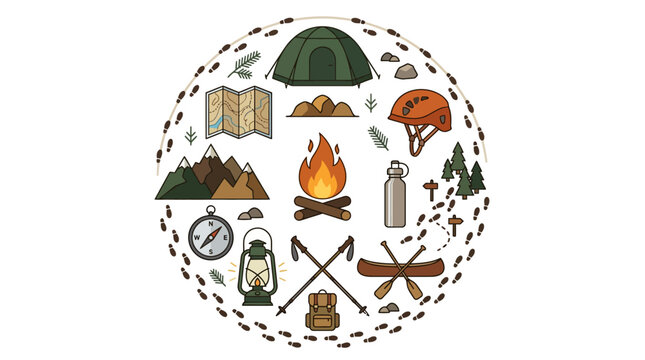 Camping and Hiking Adventure Gear Collage - Vector Illustration