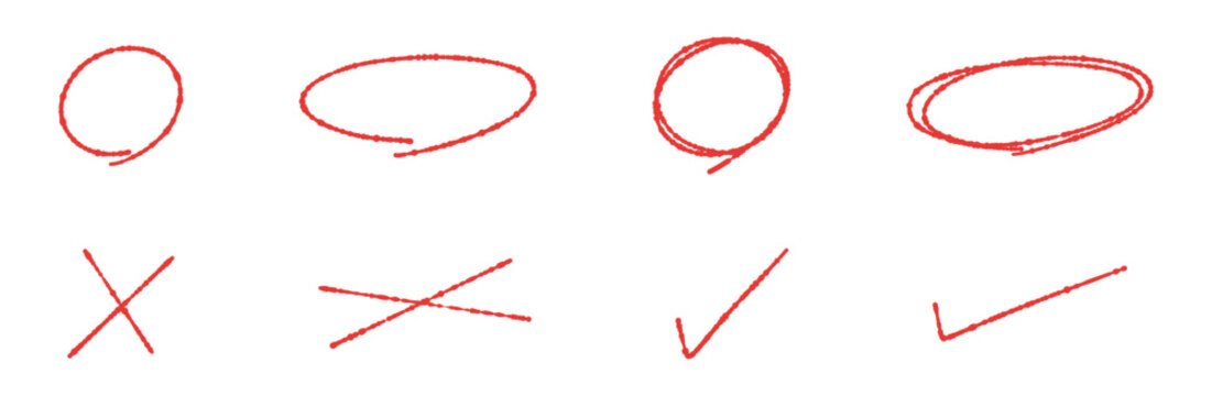 赤ペンで描いたような手書きの丸とバツとチェックマークのイラストセット