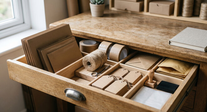 Packing drawer with small boxes twine and paper supplies as packing drawer detail for ecommerce packaging and shipping preparation