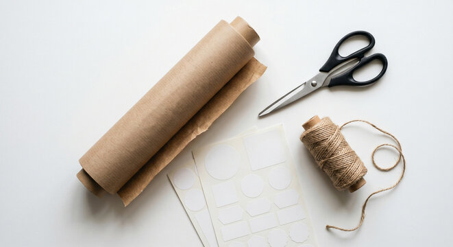 Kraft paper roll with scissors and twine as kraft paper roll detail for ecommerce packaging supplies and order wrapping in a clean workspace