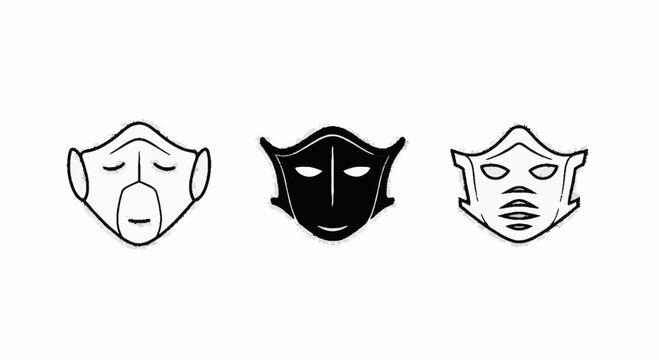 Three artistic stylized face mask illustrations in different designs.