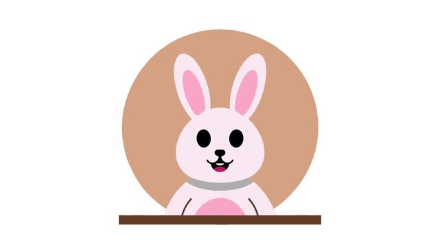 Cute 2D animated white rabbit character with long pink ears inside a brown circular frame for children education.