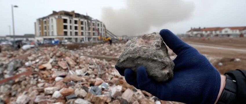 Construction workers clean up debris from a building site after a recent demolition in an industrial area during the early morning