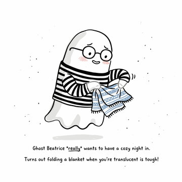 Funny ghost character Beatrice trying to fold blanket on cozy night.