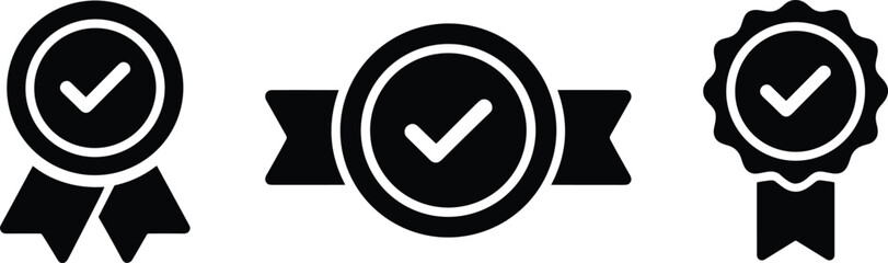 Quality certification badge icons, checkmark award ribbon symbols for guaranteed approval, premium warranty, authentic service, success, and trust validation © MstTanzina
