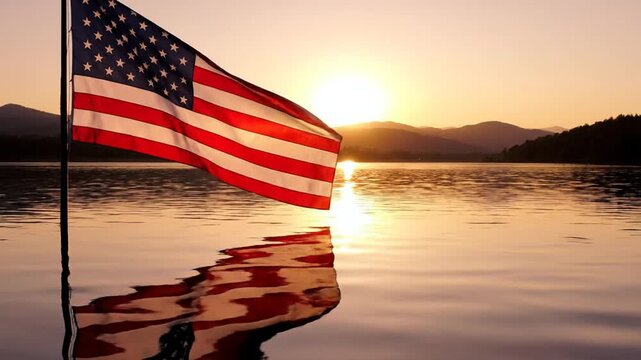 American flag waving majestically at sunset, reflecting beautifully on a calm lake, symbolizing freedom and patriotism