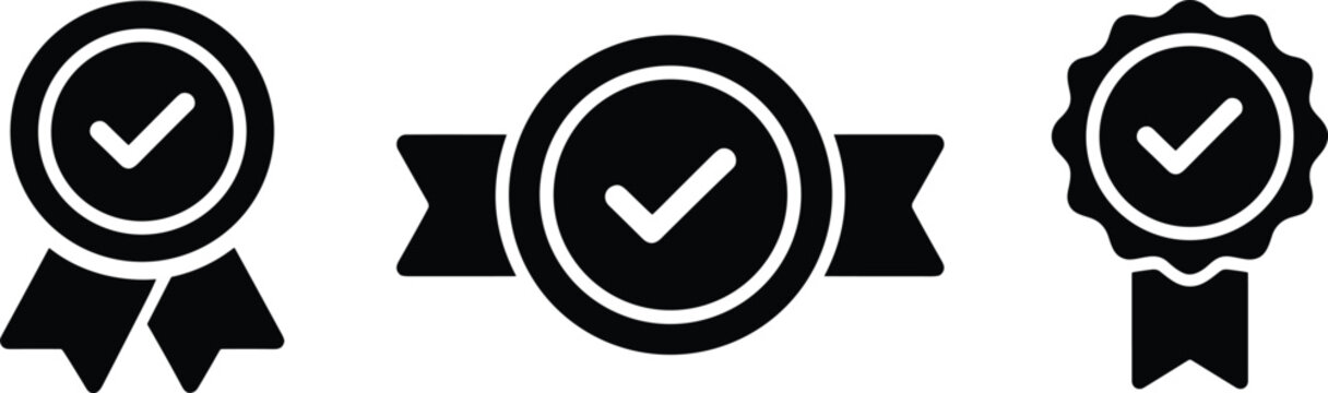 Quality certification badge icons, checkmark award ribbon symbols for guaranteed approval, premium warranty, authentic service, success, and trust validation