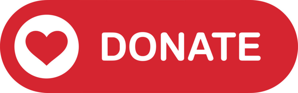 Red donate button with heart icon, charity support badge, medical assistance web element, social welfare contribution label