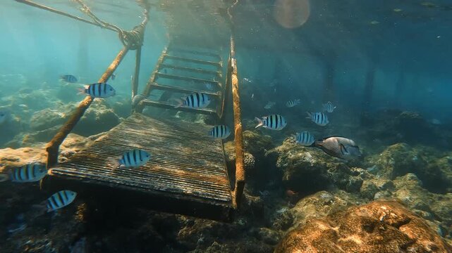 Striped sergeant major damsel fish and sohal tang surgeonfish swimming near coral and underwater ladder in Marsa Alam Egypt, Red Sea