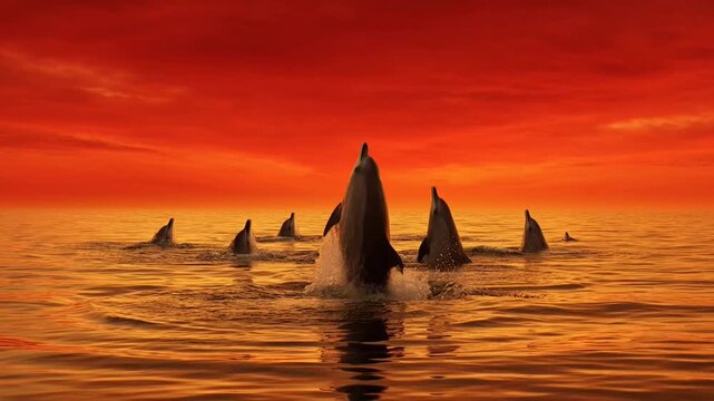 Dolphins Leaping Gracefully at Sunset in a Fiery Ocean.