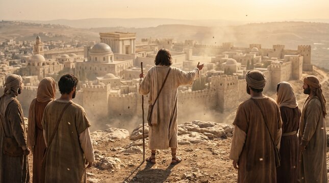 Jesus Christ gestures toward the ancient city of Jerusalem and the Second Temple from a rocky hilltop while surrounded by his disciples at sunset.