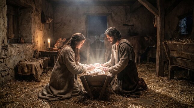 Virgin Mary and Joseph kneel in prayer beside the newborn Jesus Christ in a wooden manger within a dimly lit stable in Bethlehem as described in the New Testament.