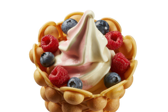 Bubble waffle cone filled with soft serve swirled ice cream topped with fresh blueberries and raspberries isolated on a solid black background