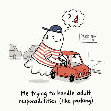 Funny ghost character learning to park a car for adulting challenges.