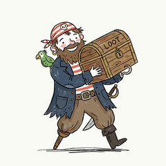 Naklejka premium Pirate with peg leg and parrot carrying wooden treasure loot chest illustration.