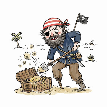 Pirate digging for golden treasure chest on sandy beach.