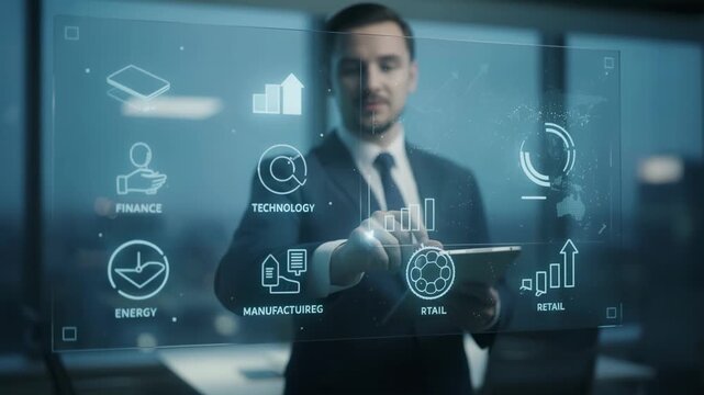 Business analyst working on a transparent screen showing sector icons and global trends with only the icons in crystal clear focus and rest of the room softly blurred.