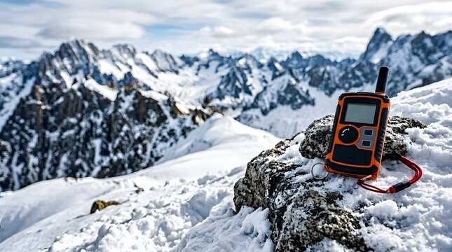 professional avalanche rescue transceiver positioned in alpine mountain environment for winter backcountry safety navigation and emergency preparedness