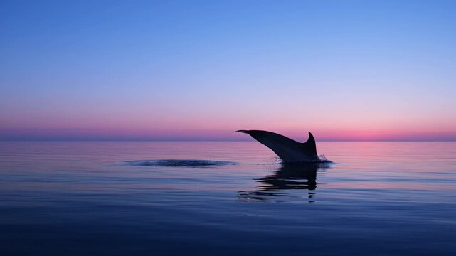 Majestic Dolphin Leaping from Calm Ocean Waters at Sunset or Sunrise.