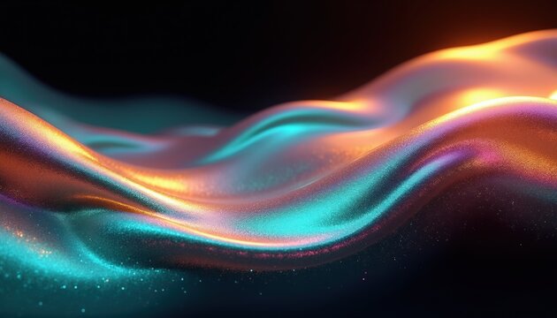 Liquid metal ripples with iridescent colors. Waves flow like fluid, reflecting orange, pink, and teal light. Dark background with subtle sparkles.
