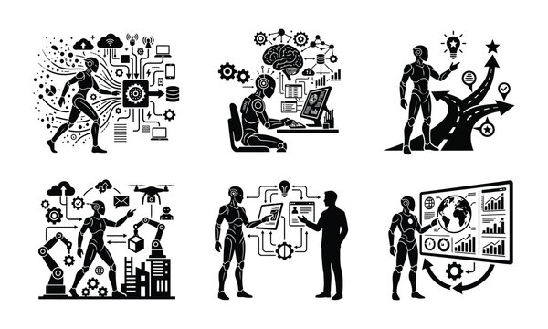 AI Agent Workflow Process Silhouette pack Collection Vector Illustration