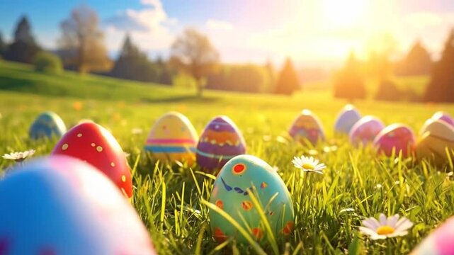 Colorful decorated eggs in a field of green grass with bright sunlight