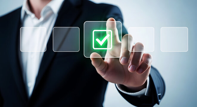 Businessman hand pressing glowing green checkmark button on digital interface image