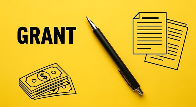 Grant application concept on yellow background, financial funding document with pen and money icons, business scholarship and research grant proposal