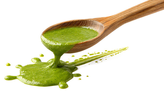 Green mojo sauce, mojo verde, spilled in a wooden spoon isolated on a white background