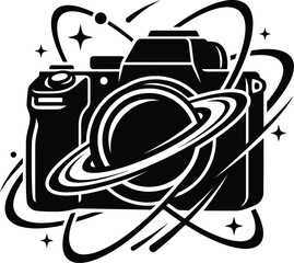 Stylized camera in space with planetary rings and stars. © Vector_Nest