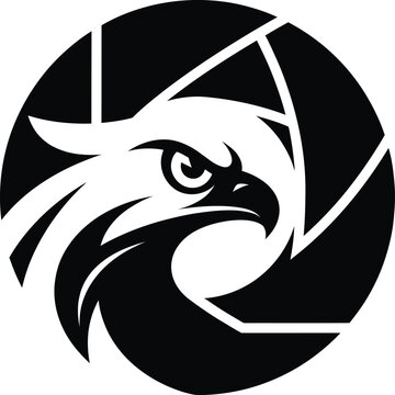 Hawk head inside camera aperture vector symbol.