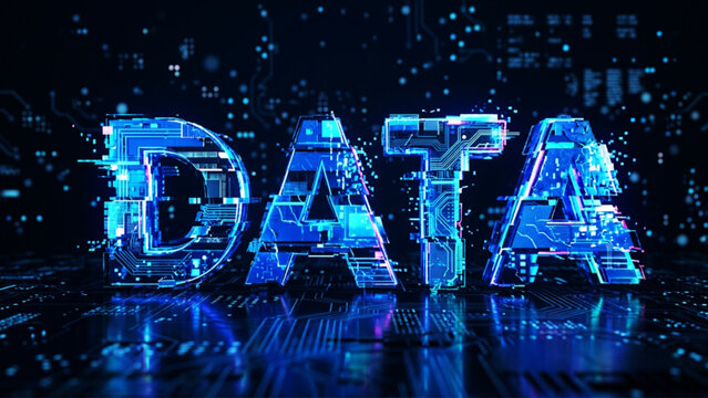 Three dimensional metallic text spelling data with complex glowing blue circuit board pattern texture resting on high tech reflective surface for information technology concept.