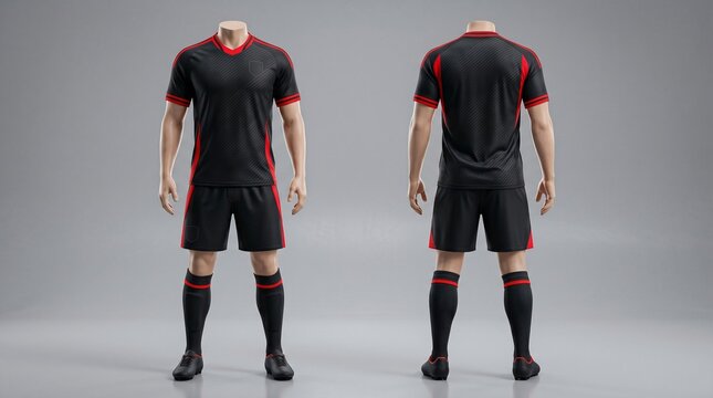 Black soccer uniform, red accents, athletic wear, sportswear, football kit