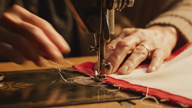 Close-up of skilled hands sewing fabric on an antique sewing machine, creating a textile craft with meticulous detail and traditional techniques