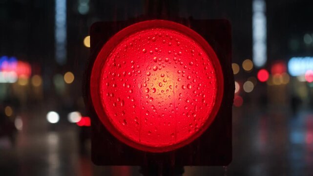 Vibrant Red Traffic Light with Raindrops at Night in a Busy Urban Cityscape.