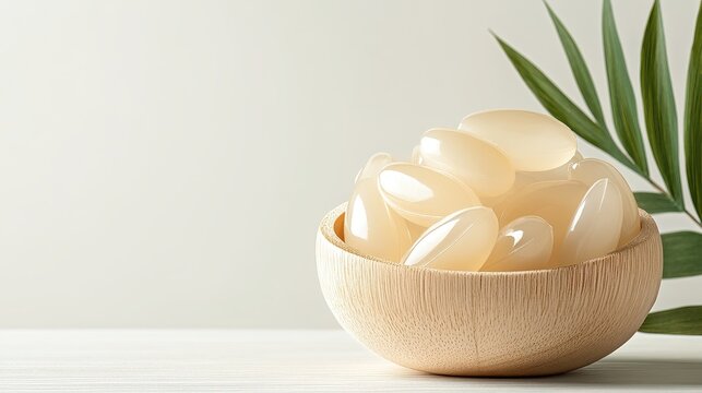 Transparent capsules and tablets in a wooden bowl with tropical leaf for health and wellness products.