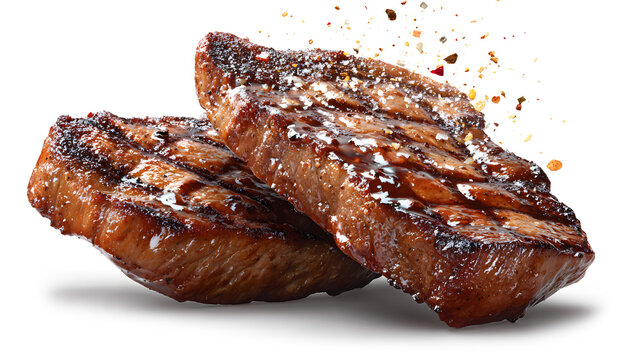 Grill Pork Chops, beef steaks, realistic 3d brisket flying in the air, isolated on a white background