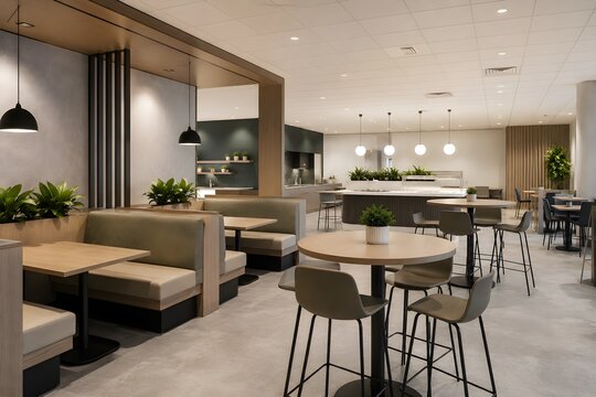 Contemporary Office Canteen With Booth Seating And High Top Tables In Modern Corporate Cafeteria Interior