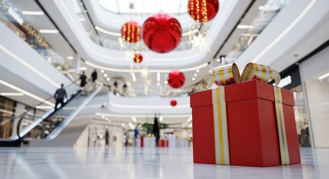 A large red gift box with gold ribbon sits in a modern shopping mall interior with escalators and red decorations.