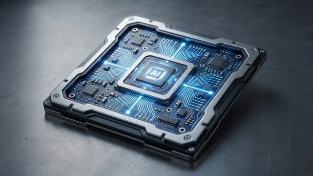 白背景でスキャンされ起動する高度なマイクロチップと電子基板のループアニメーション
