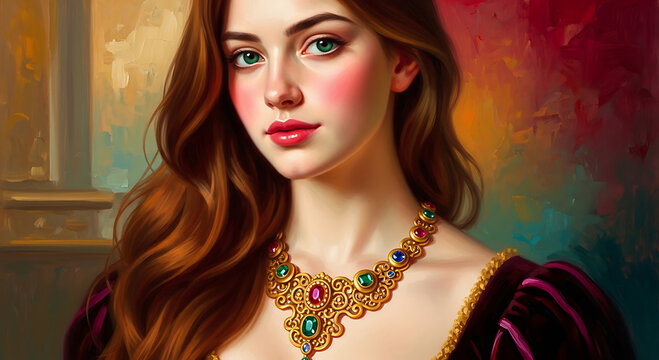 Beautiful Renaissance Woman Portrait with Elegant Golden Jewel Necklace