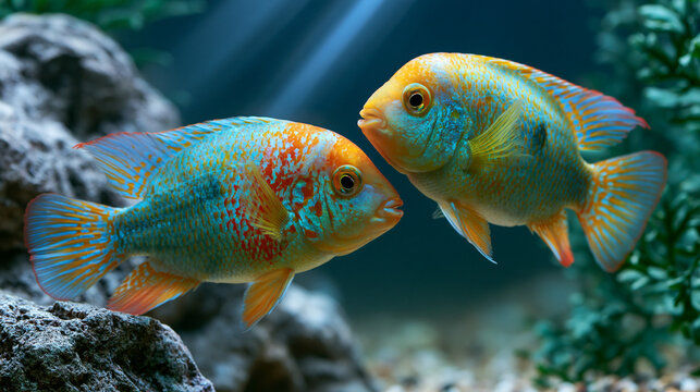 Two colorful cichlid fish facing each other in an aquarium. Tropical freshwater fish displaying territorial behavior underwater