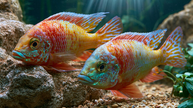 Two colorful cichlid fish displaying territorial behavior underwater. Bright orange and blue tropical fish swimming near rocks in a freshwater aquarium. Close up of aquatic pets