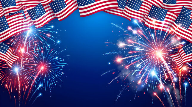Vibrant fireworks exploding in the night sky with american flags waving above on a blue background