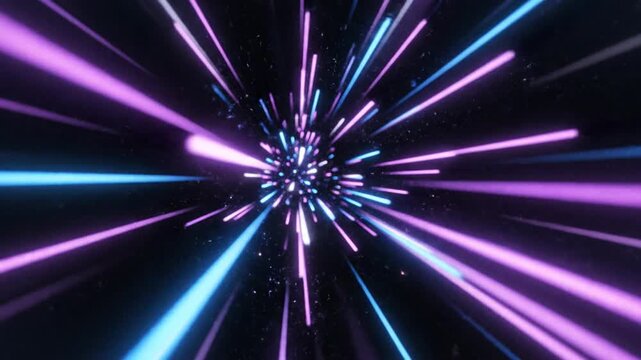 Abstract digital art representing a speed or warp tunnel with streaks of purple and blue light against a black background