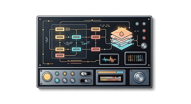 Futuristic digital control panel with data flow diagrams and layered interface elements