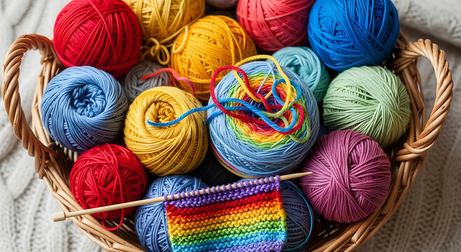 Colorful Yarn Balls and Rainbow Knitting Project in a Wicker Basket