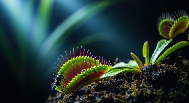 A close-up view shows carnivorous plants thriving on damp soil.