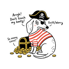 Cute dachshund pirate dog guarding treasure chest and coins with an expression of worry. © Rimon